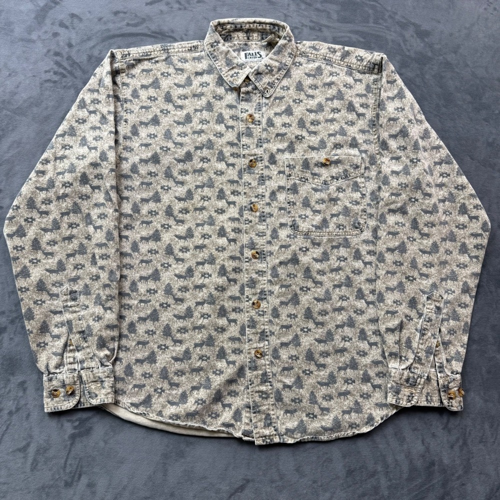 Falls Creek Mens Medium Wildlife Nature Print Button Down Shirt Acid Wash Grey